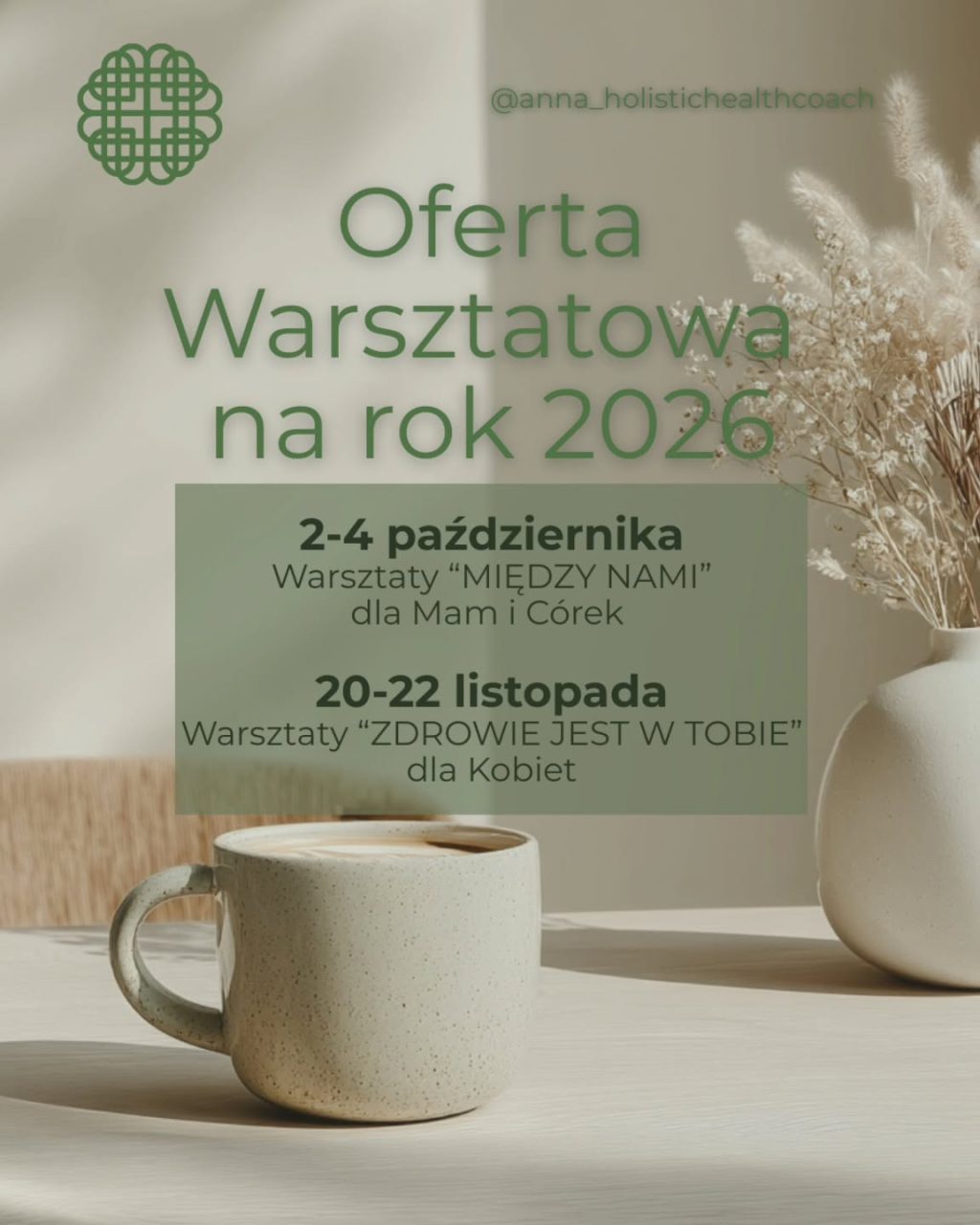 Moje Kochane, wiem, że czekałyście...
Wreszcie mogę ogłosić terminy naszych tegorocznych warsztatów wyjazdowych, na które już dzisiaj serdecznie Was zapraszamy. 

Wysłuchałyśmy Waszych potrzeb i stworzyłyśmy dla Was dwa, piękne i bardzo na czasie tematy, które są niezwykle ważne i wymagają uwagi w życiu każdej z nas.

✨️Relacja mamy i córki to jedna z najbardziej wyjątkowych więzi, jakie w ogóle istnieją. Jednocześnie to relacja pełna napięć, niedomówień i tęsknot. Podczas naszych warsztatów wyjazdowych dla Mam i Córek skupimy się na budowaniu tej relacji nie poprzez spełnianie oczekiwań, lecz poprzez obecność i uważność. Zapraszamy Mamy i Córki w każdym wieku (18 plus), którym zależy na sobie nawzajem i które chcą się spotkać w prawdziwej relacji, w spokojnej i bezpiecznej atmosferze. 

✨️Zdrowie, to nie jest punkt do odhaczenia na liście zadań, lecz proces, który zaczyna się w Tobie. Tylko Ty i Twoje decyzje mają realny wpływ na tworzenie dobrostanu psychofizycznego. Podczas naszych warsztatów wyjazdowych dla Kobiet dowiesz się dlaczego leki nie leczą, a dieta, sen i aktywność fizyczna nie wystarczą aby czuć się dobrze. Zapraszamy Kobiety, które są gotowe na zmianę oraz pragną podarować sobie czas dla siebie, bez pośpiechu, ze wsparciem i inspiracją.

Warsztaty poprowadzą wspaniałe i mądre kobiety, doświadczone i profesjonalne w swojej dziedzinie, które nie tylko mają wiedzę, którą chcą się podzielić, ale przede wszystkim empatię,  zrozumienie i pasję pomagania innym.

Wkrótce podam szczegóły każdego z programów, ale już dzisiaj zachęcam do zapisania terminów w kalendarzu i rezerwacji swojego miejsca. Ilość miejsc jest ograniczona ze względu na komfort uczestniczek. 

Nasze warsztaty są wyjątkowe, gdyż staramy się aby były wzmacniające i inspirujące dla uczestniczek. Są tworzone w kameralnej atmosferze, w bezpiecznej przestrzeni do refleksji i bycia w autentyczności. Są spotkaniem bez ocen, w poczuciu akceptacji i głębokiego kontaktu ze sobą. Panie wyjeżdżają ze świeżą motywacją i poczuciem, że nie są same. 

Serdecznie zapraszam 🍀

#warsztaty #dlakobiet #relacja
#mamaicórka #zdrowie